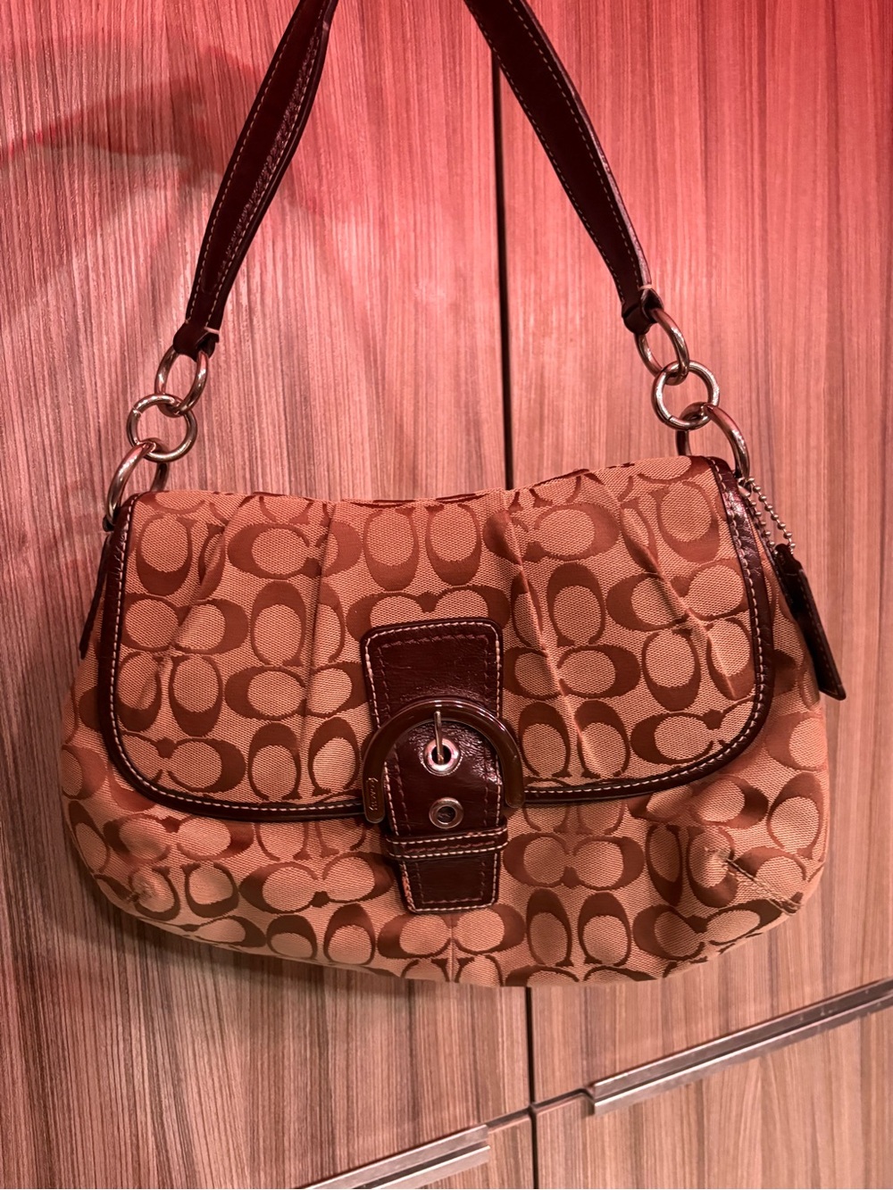 Coach Brown Signature Canvas Wristlet with Dark Brown Trim